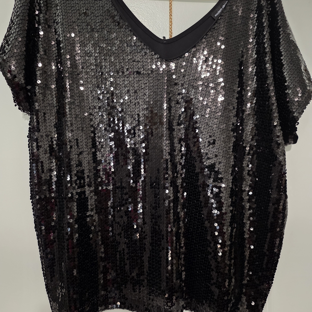 Black Sequin V-Neck Short Sleeve Women's Top